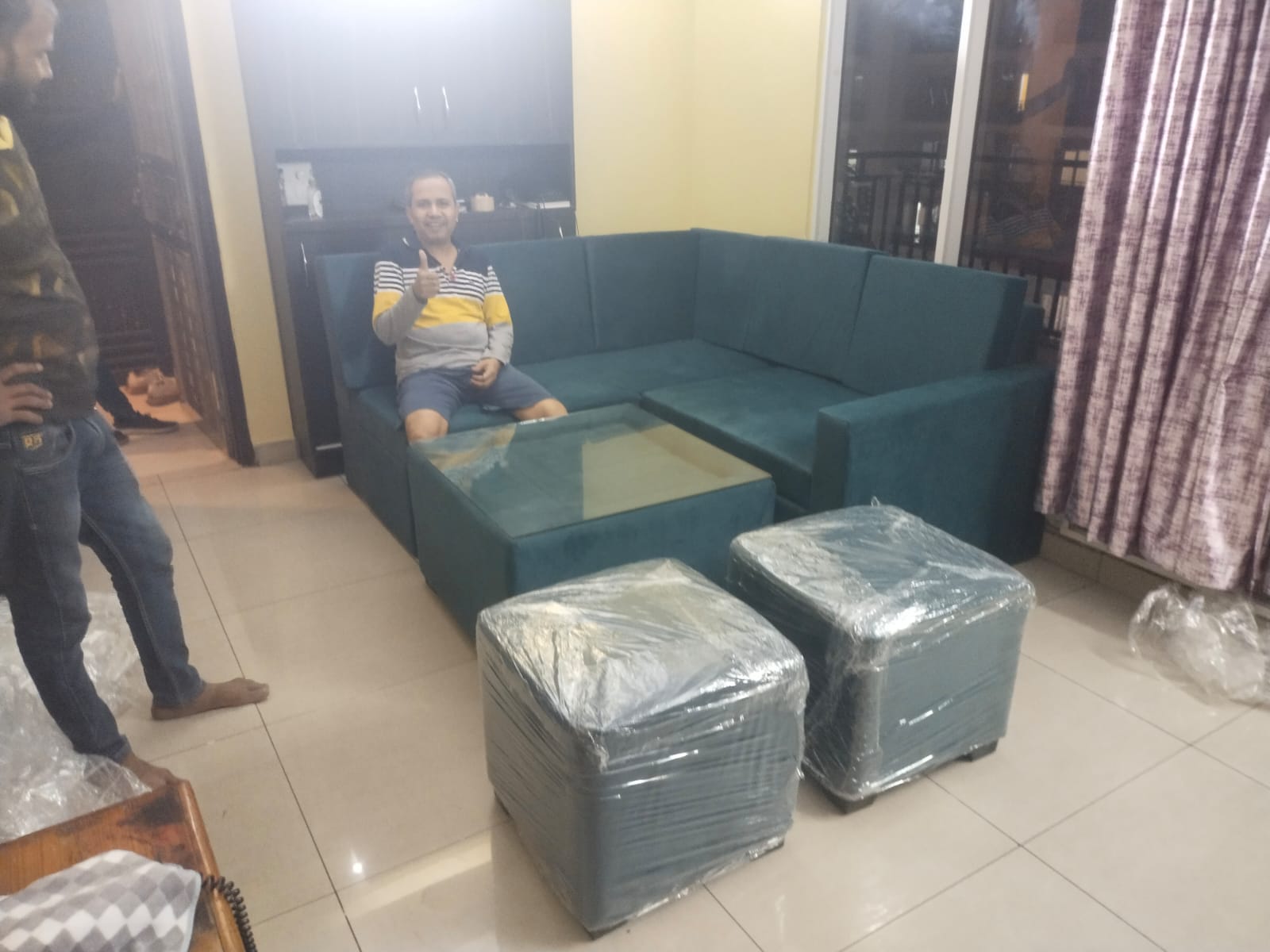 Completed designer tufted turquoise sofa by NS Furniture